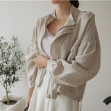 Christmas Gift New 2021 Summer Autumn Women's Jacket Stand Collar Casual Pockets Cargo Cotton and Linen Zipper Short Tops JK8196