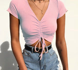 Kukombo Sexy V Neck Cropped Tank Tops Women Drawstring Tie Up Front Camis Candy Colors Streetwear Slim Fit Ribbed Crop Top