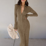 Graduation Gift Big Sale Fashion Ankle-Length Dresses For Women Long Sleeve Autumn Button Green Split Casual Elegant Party Clubwear Solid