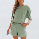 Kukombo  Summer Casual Cotton Linen Pocket Sets Short Sleeve T Shirt And Elastic Shorts Two Piece Set Women Beach Solid Outfits Tracksuit