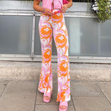 Kukombo Bohemian Style Floral Pants Holiday Slim High Waisted Trousers Vintage Elastic Waist Wide Lege Pants Women Harajuku