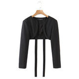 Kukombo Women New Fashion Lacing Short Open Small Blazer Coat Vintage Long Sleeve Black Female Outerwear Chic Tops