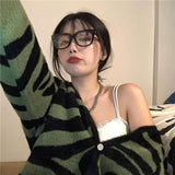 Kukombo Korean Fashion Oversized Zebra Print Cardigan Sweater Autumn Winter Casual Loose Female Knitted V-Neck Jumper Women Cardigan