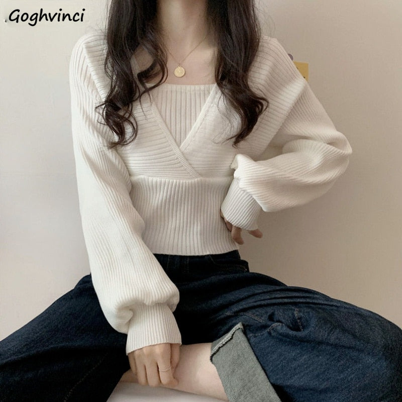 Kukombo Pullovers Women Knitting Elegant Solid All Match Ladies Casual Korean Style Daily Loose Design Spring Fashion Popular College