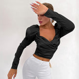 Kukombo Vintage Puff Sleeve Satin Shirt Elegant Women's Blouse Square Collar Folds Slim Crop Tops Autumn Sexy Chic Party Shirts