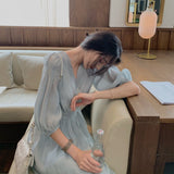 Kukombo  Summer French Retro Dress Women Elegant Puff Sleeve Korean Dress Female Office Lady Casual V-neck Chiffon Fairy Dress 2022 New