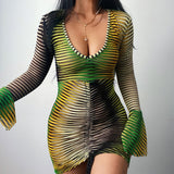Kukombo Women Autumn Long Sleeve V Neck Printed Bodycon Gradient Sexy Mini Dress Fall Clothes Items