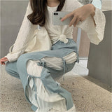 Kukombo Casual Pants Women Wide Leg Patchwork Lace Up 4XL Chic Elegant Fashion All-Match Elastic Waist New Pleated Ulzzang Leisure Loose