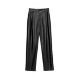 Christmas Gift Yiyiyouni Autumn Winter Fleece Loose Leather Trousers Women High Waist Zipper Fly Casual Pink PU Leather Pants Female 2021 New