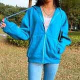 Kukombo Y2k Women's Hoodies Casual Women's Loose Zip Up Hoodies Solid Color Long Sleeve Hooded Sweatshirts E-Girls Pullover Streetwear