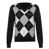 Christmas Gift HEYounGIRL Autumn Black V Neck Vintage Knit Sweater Casual Argyle Plaid Jumper Women 90s Preppy Style Long Sleeve Pullover 2021
