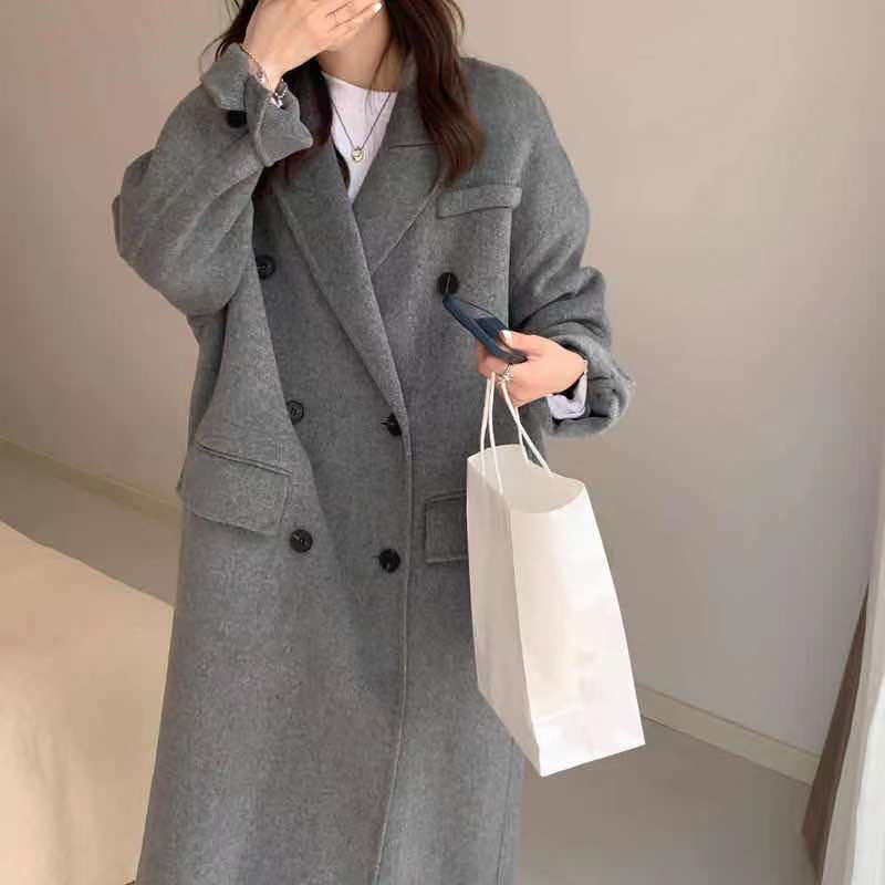 Christmas Gift Women's Long Coat Retro Streetwear Gray Korean Loose Fashion Windbreaker Casual Warm Woolen Coat Oversize Winter Woman Coat