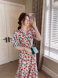 Christmas Gift Summer Short Sleeve Floral Print One Piece Midi Dress Boho Breach Party Casual Women Clothing Fashion New 2021