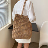 Kukombo Casual Hand-Woven Women's Shoulder Bags Bohemian Solid New Straw Beach Totes Lady Travel Handbag Weaving Shopping Bag Tote