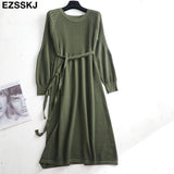 Christmas Gift 2021 autumn winter o-neck midi sweater dress women A-Line midi sweater dress with belt elegant a-line solid loose dress