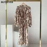 Christmas Gift BGTEEVER 2021 Spring New Stand Collar Women Full Sleeve Dress Elegant Hit Color Female Lace-up Printed Midi Dress Vestidos