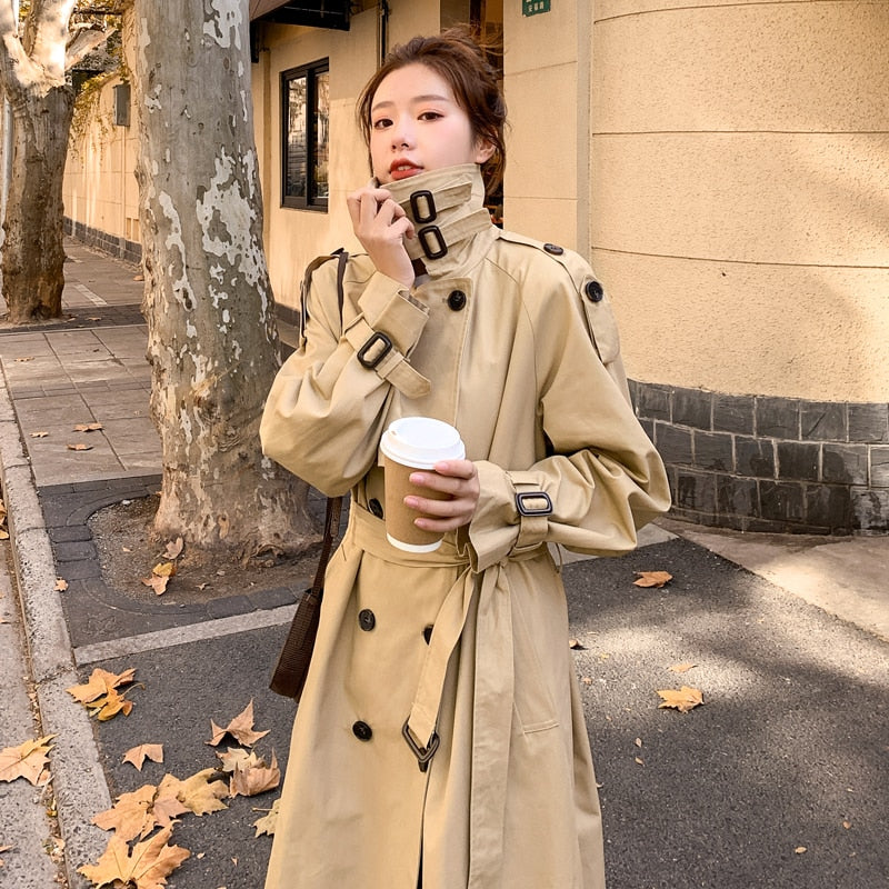 Christmas Gift Brand New Spring Autumn Women Trench Coat Long Double-Breasted with Belts Flaps England Style Duster Coat Cloak Female Outerwear