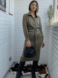Christmas Gift BGTEEVER Fashion Turn-down Collar Women Satin Mid-length Dress Casual Loose Irregular Belted Female Dress 2021 Summer