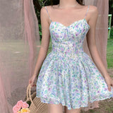 Kukombo  Sexy Strap Floral Dress Women Designer Korean Elegant Sweet Mini Dress Sleeveless Chiffon Slim Fairy Party Dress Summer 2022 New