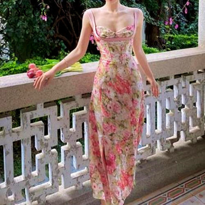 Kukombo French Floral Spaghetti Strap Dress Women Summer 2022 New Elegant Party Night Club Dress Casual Backless Vacation Woman Colthing