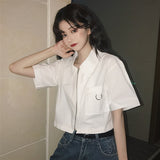 Kukombo Shirts Women Short Sleeve Zipper Chic Retro Overshirt Harajuku Womens High Streetwear All-Match Designed Korean Style Blouses BF
