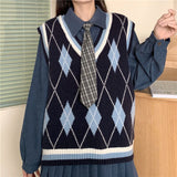 Kukombo Preppy Style Autumn Dress Sets Women New Argyle V-Neck Knitted Vest + Long Sleeve Tie Dress Female Korean Loose One-Piece Suits