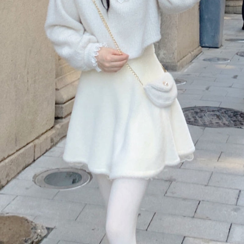 Kukombo  Winter Kawaii Mini Skirt Women White Velvet Sweet Party Mini SKirt Female Koeran Fashion Designer Lace Patchwork Cute Skirt 2022 K119