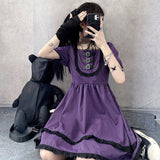 Kukombo Goth Japanese Harajuku Gothic Lolita Dress 2022 Puff Sleeve Party Purple Plaid Dress Lace Ruffle Dress Sweet Pastel