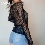 Sexy Mesh Transparent Women's t-shirt  Aesthetic Lace Patchwork Vintage Long Sleeve Top Tees Single Button Clothes