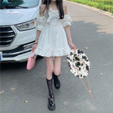 Kukombo  White Kawaii Fairy Strap Dress Women Patchwork Off Shoulder Party Mini Dresses Bow Ruffle Sweet Cute Princess Sundress K123