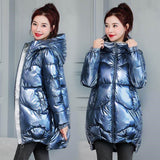 Christmas Gift 2021 New Winter Jacket Parkas Women Glossy Down Cotton Jacket Hooded Parka Warm Female Cotton Padded Jacket Casual Outwear P985