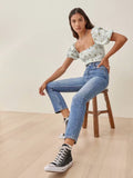 Kukombo Sexy Camis Square Collar Women Summer Top Fashion Elastic Crop Top Vintage Floral Print Blue Tank Top