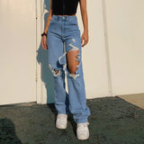 Ripped Straight Women's jeans Baggy Vintage High Waist Boyfriends Mom Denim Distressed Streetwear 2022 Female