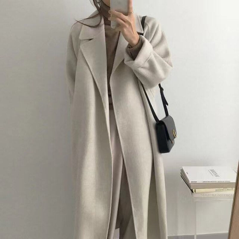 Kukombo Christmas Gift Woman Long Coat Elegant Wool Coat With Belt Solid Color Fashion Long Sleeve Chic Outerwear Autumn Winter Women Thick Overcoat-A