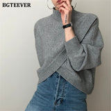 Christmas Gift BGTEEVER Stylish Criss-Cross Knitted Jumpers 2021 Autumn Winter Half Turtleneck Women Sweater Pullovers Loose Female Knit Tops