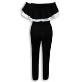 Kukombo Women Off Shoulder Colorblock Ruffles Bodycon Jumpsuit Skinny Streetwear Office Ladies Slim Fit Black Jumpsuits