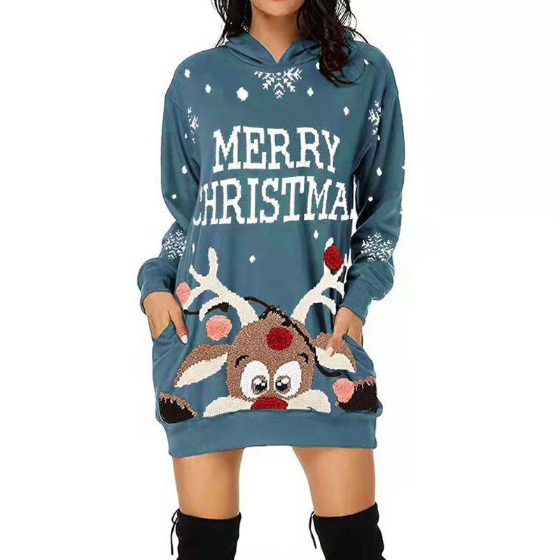 Christmas Gift Fashion Hooded Long Sleeve Christmas Mini Dress Women 2021 Autumn Winter Casual Deer Print Dresses For Women Long Top Plus Size