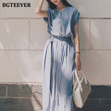 Christmas Gift BGTEEVER Elegant Single-breasted O-neck Women Midi Dress Short Sleeve Belted Slim Waist Female Dress Workwear Vestidos Femme