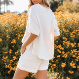 Kukombo  Summer Casual Cotton Linen Pocket Sets Short Sleeve T Shirt And Elastic Shorts Two Piece Set Women Beach Solid Outfits Tracksuit