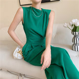 Kukombo Summer Elegant Woman Jumpsuit Green Outfit Sleeveless Bandage High Waist Wide Leg Pants Rompers Playsuits Female Overalls