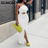 Kukombo Halter Cut Out Solid Maxi Dress Casual Slim Slit Evening Party Club Dress