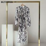 Christmas Gift BGTEEVER Spring Fashion Stand Collar Women Dress Elegant Long Sleeve Loose Female Lace-up Printed Mid-length Dress Vestidos 2021