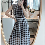 Kukombo New Arrive Chiffon Plaid Dress Female Sleeveless O-Neck Casual Street Outsize Long Dress Female Ruffle Sleeve Summer Vestido