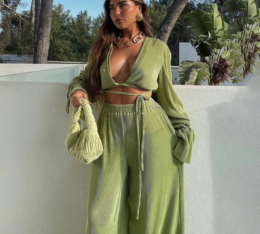 Kukombo Green Pants Set Women Casual Loose Bandage Blouses Shirt Matching Wide Leg Trousers Suit Elegant 2 Piece Pant Set