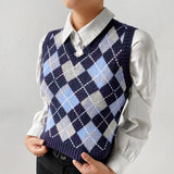 Christmas Gift HEYounGIRL V Neck Vintage Argyle Sweater Vest Women Black Sleeveless Plaid Knitted Crop Sweaters Casual Autumn Preppy Style