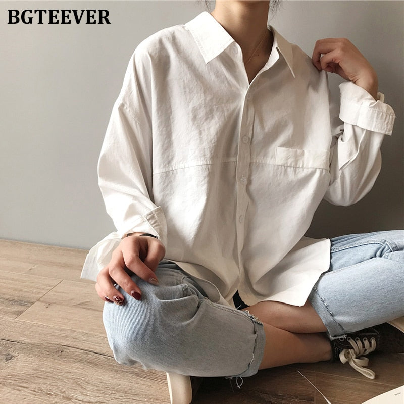 Christmas Gift BGTEEVER Minimalist Loose White Shirts for Women Turn-down Collar Solid Female Shirts Tops 2021 Spring Summer Blouses