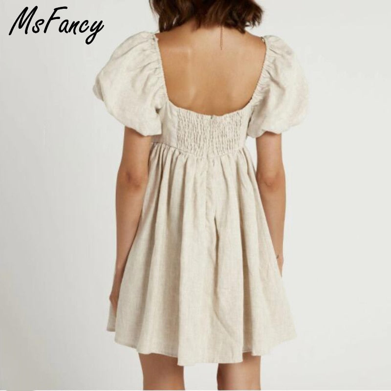 Christmas Gift Msfancy Summer Cotton Mini Dress Women 2021 Square Collar Puff Sleeve Vestido De Mujer Boho Casual Robes