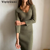 Christmas Gift Yiyiyouni Autumn V-Neck Knitted Bodycon Dress Women Knee-Length Wrapped Sheath Long Sweater Dress Female Solid Vestido Feminino