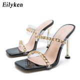 Christmas Gift Eilyken Clear PVC Transparent High Heel Slippers Summer Fashion Chain Design Slip On Square Toe Slides Women Mules Pumps