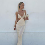 Kukombo Ribbed Knitted Women Pure Strap Midi Dress Hollow Out Bodycon Sexy Streetwear Party Club Festival 2022 Spring Summer
